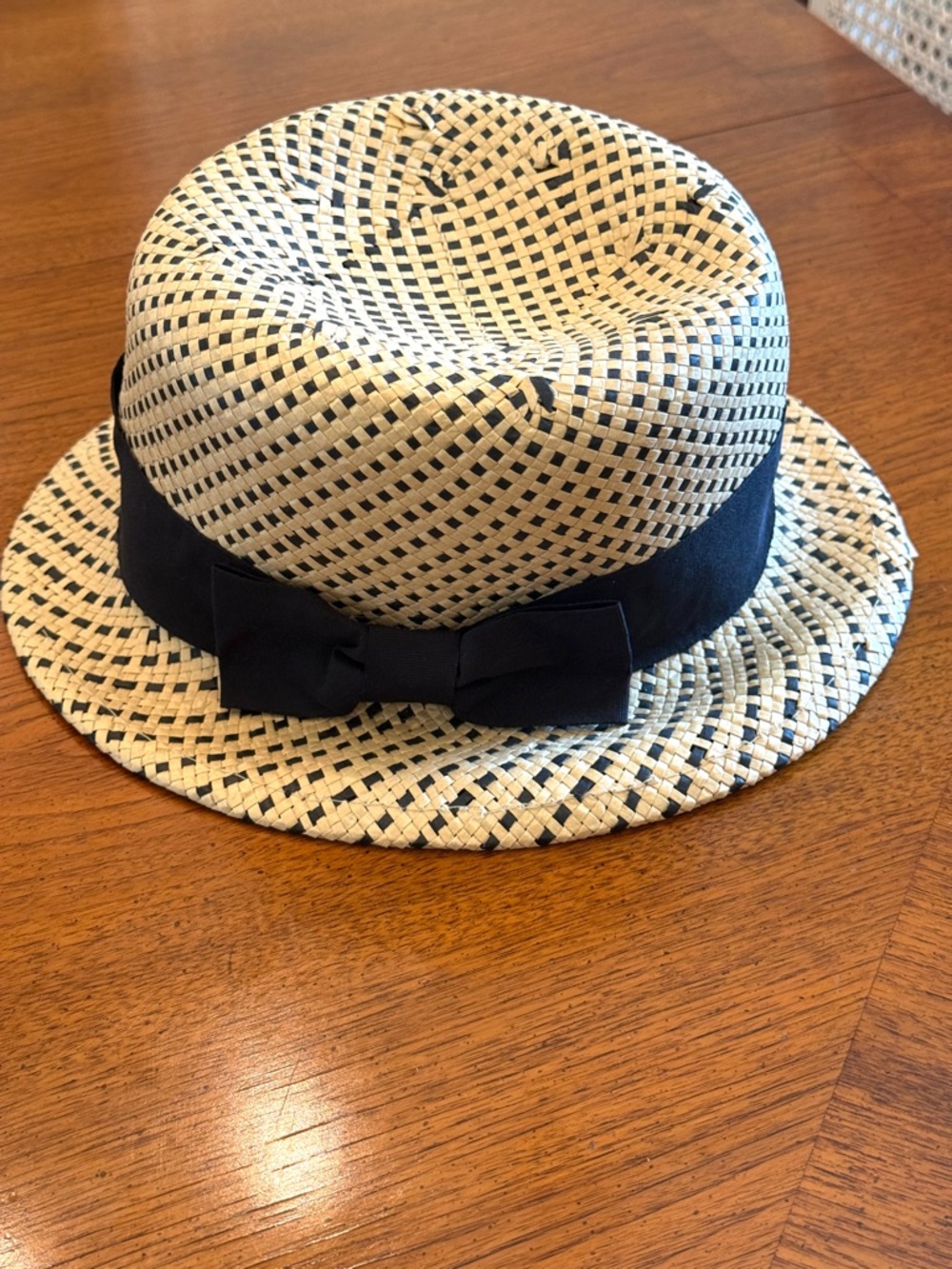 Striped Straw Cloche Hat with Black Ribbon